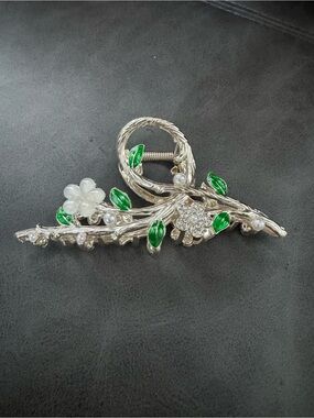 Silver Floral Green Leaf Hair Clip - Women's Jewelry